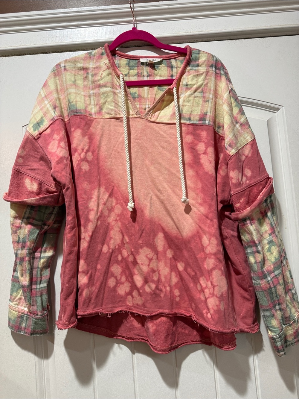 Oli & Hali Pink Tie-Dye Top with Plaid Sleeves